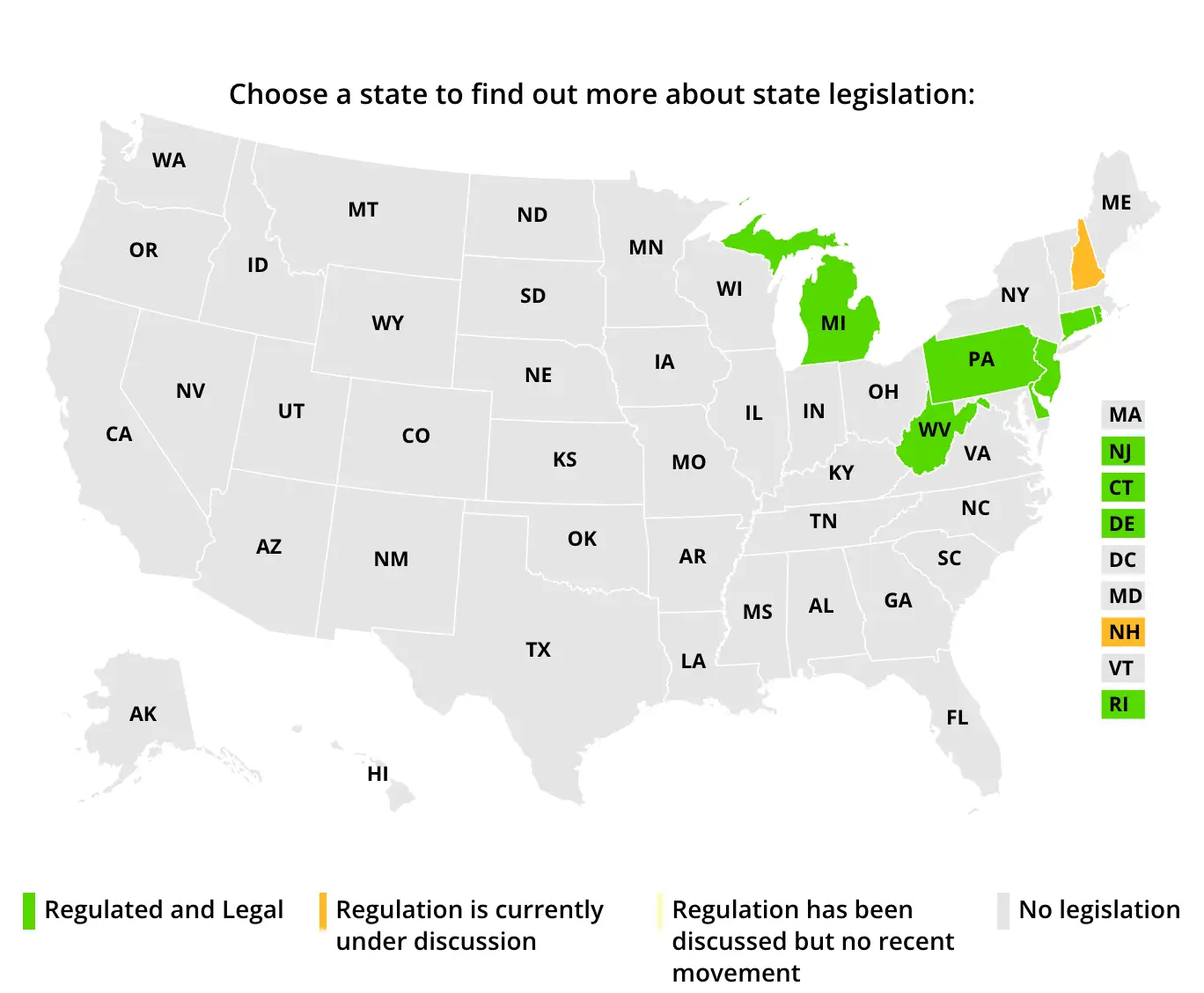 regulated US online casino states map 2026