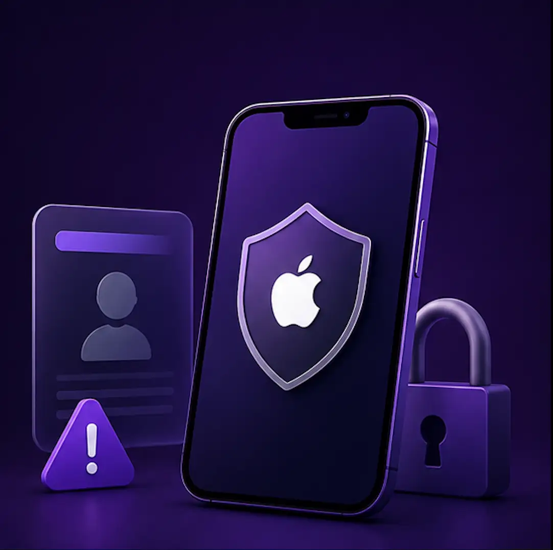 iPhone with a security shield, profile card, warning symbol, and padlock