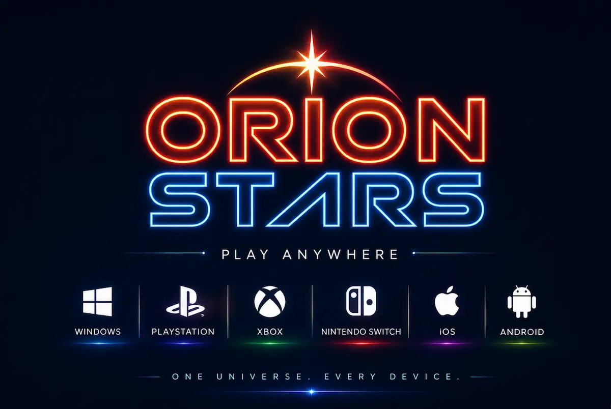 Orion Stars cross-platform illustration with Windows, iOS, and Android device symbols