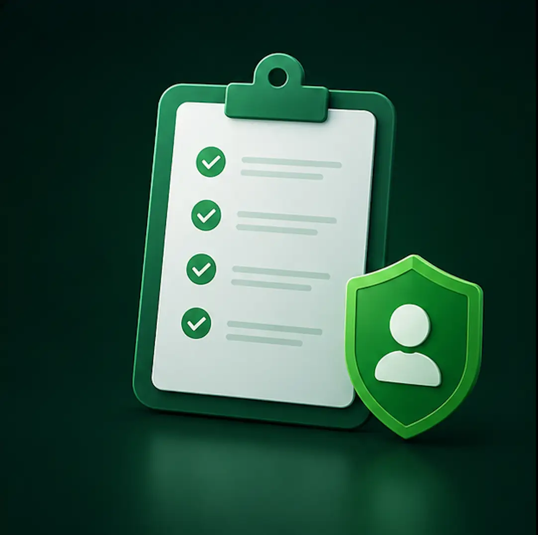 Identity verification checklist with completed checks and a user security shield